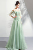 solvbao Green Lace Floor Length Prom Dresses, A-Line Off the Shoulder Evening Dresses