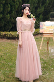 solvbao Pink Lace Long Prom Dresses, Lovely A-Line Evening Dresses