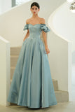 solvbao Blue Satin Long Prom Dresses, A-Line Blue Evening Party Dresses