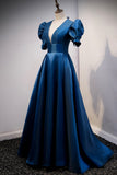 solvbao Blue V-Neck Satin Long Prom Dresses, A-Line Blue Evening Dresses