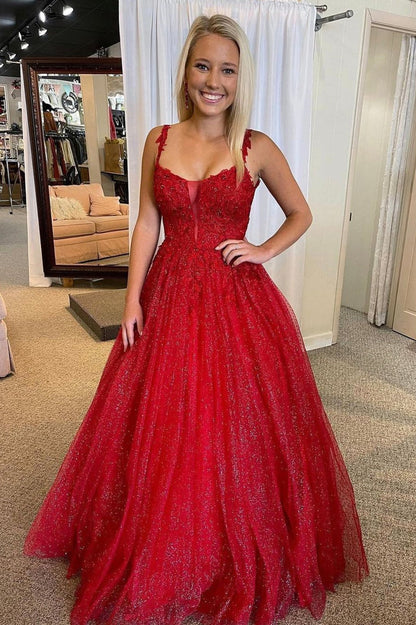 solvbao Red Lace Sequins Long Prom Dresses, A-Line Evening Dresses