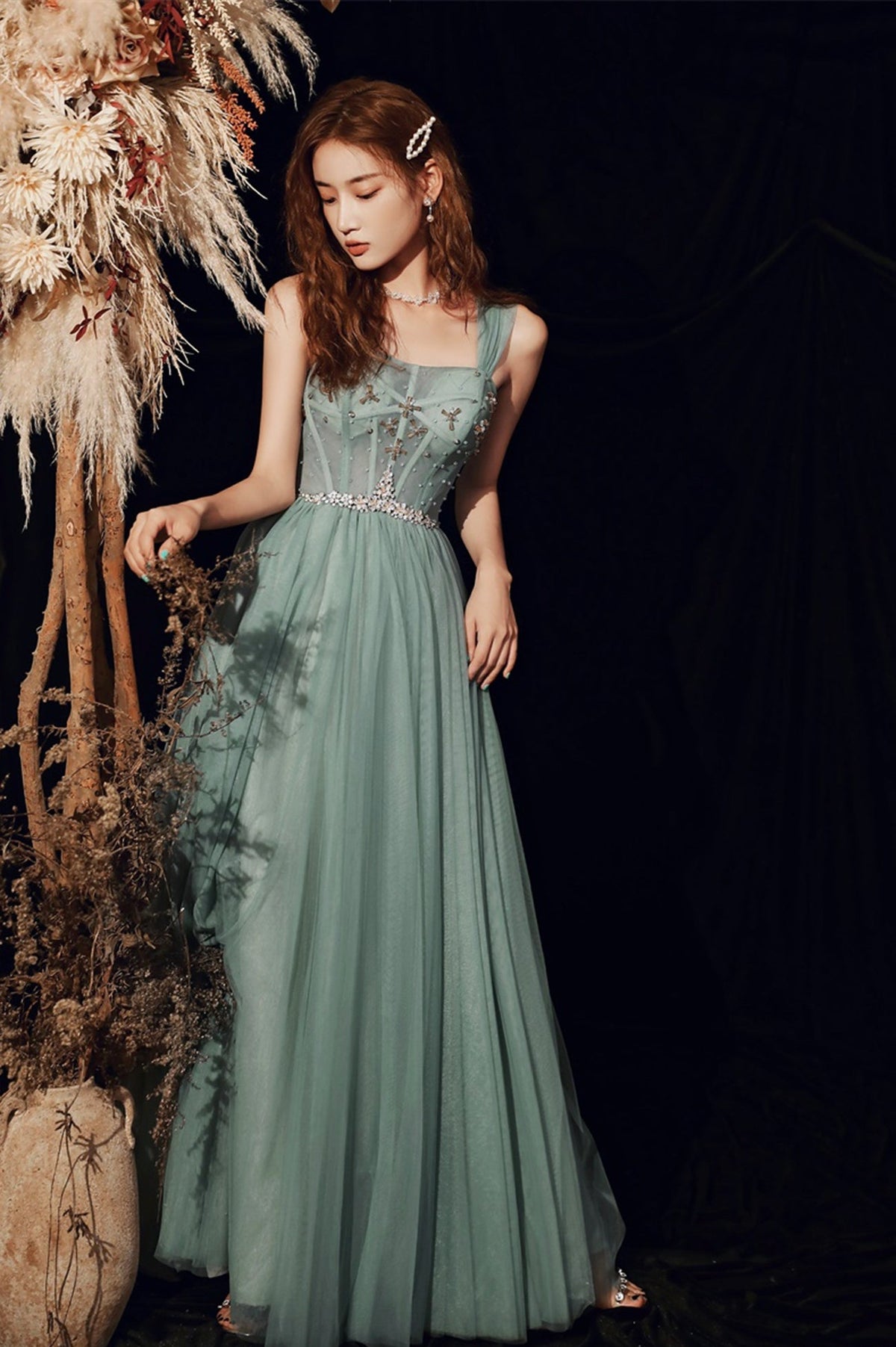 solvbao Beautiful Tulle Beaded Long Prom Dress,  A-Line Evening Dress