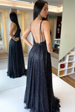 solvbao Black V Neck Tulle Long Prom Dresses, A-Line Backless Evening Dresses