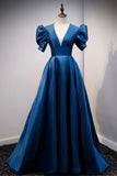 solvbao Blue V-Neck Satin Long Prom Dresses, A-Line Blue Evening Dresses