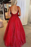 solvbao Red Lace Sequins Long Prom Dresses, A-Line Evening Dresses