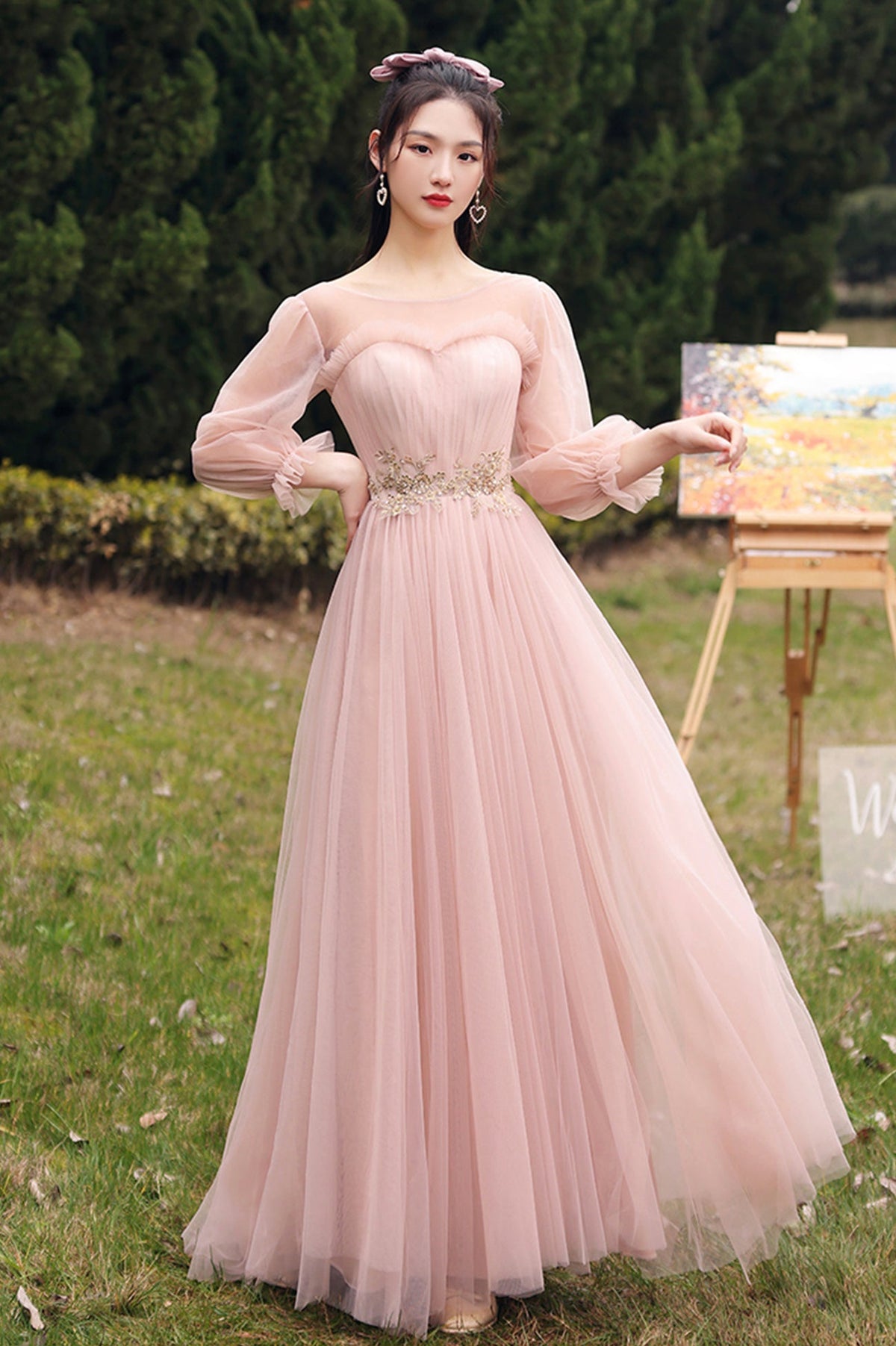 solvbao Pink Lace Long Prom Dresses, Lovely A-Line Evening Dresses