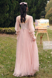 solvbao Pink Lace Long Prom Dresses, Lovely A-Line Evening Dresses