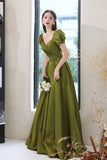 solvbao Green Saitn Long Prom Dresses, A-Line Evening Dresses