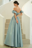 solvbao Blue Satin Long Prom Dresses, A-Line Blue Evening Party Dresses