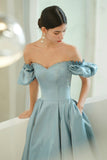 solvbao Blue Satin Long Prom Dresses, A-Line Blue Evening Party Dresses