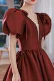 solvbao Burgundy Satin Long Prom Dresses, Lovely Puff Sleeve Evening Gown