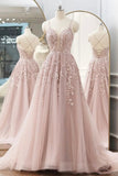 solvbao Pink Tulle Lace Long Prom Dresses, A-line Spaghetti Strap Evening Dresses