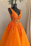 solvbao Orange V-Neck Lace Long Prom Dresses, A-Line Evening Party Dresses