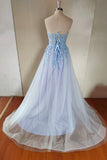 solvbao Blue Strapless Lace Long A-Line Prom Dress, Blue Evening Party Dress