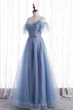 solvbao Blue Tulle Long A-Line Prom Dresses, Blue Spaghetti Strap Evening Dresses