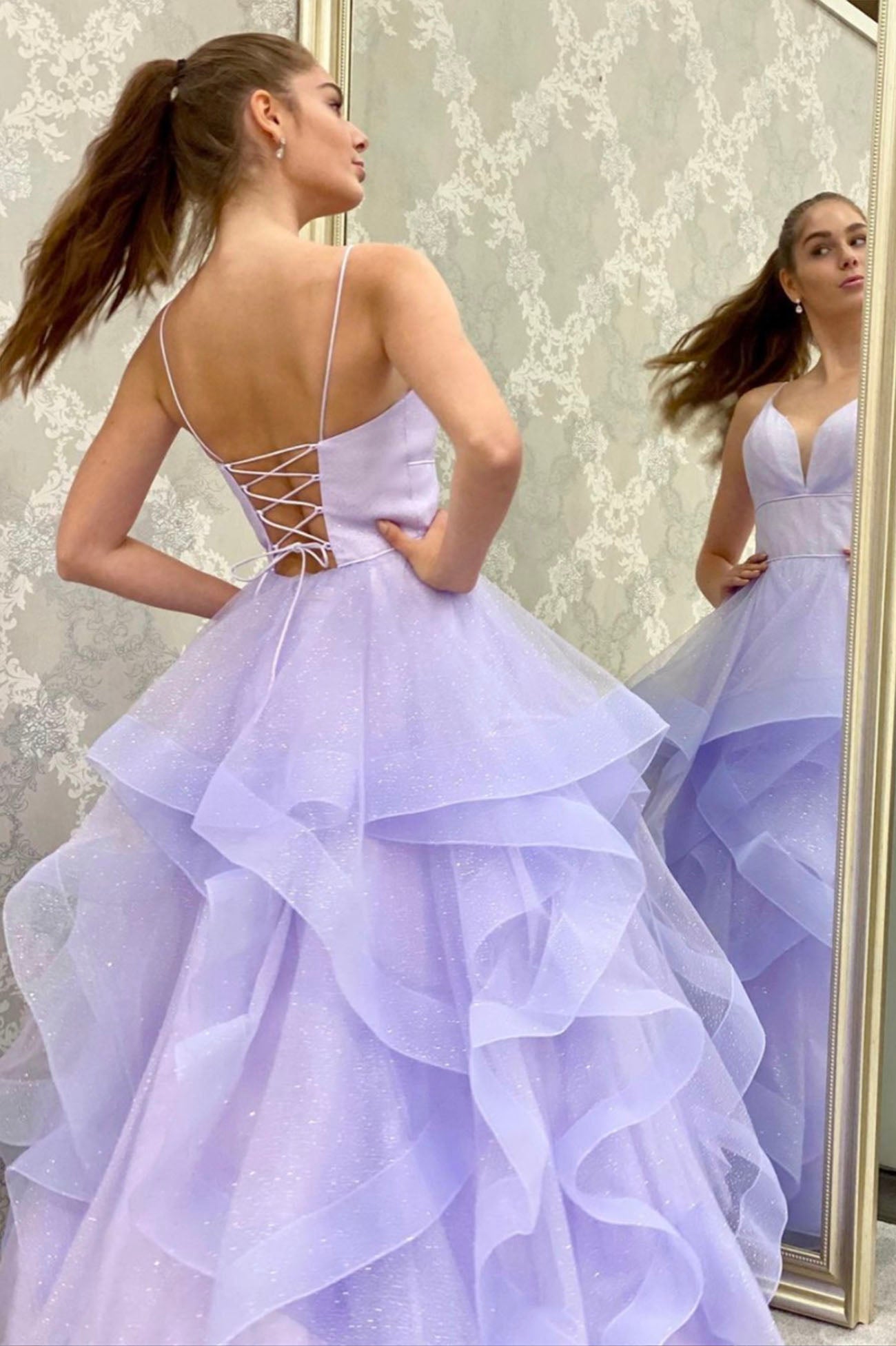 solvbao Purple V-Neck Tulle Long Prom Dresses, A-Line Backless Evening Dresses