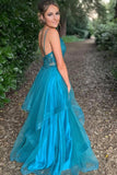 solvbao Blue Tulle Lace Long Prom Dresses, A-Line Backless Evening Dresses