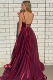 solvbao Burgundy Satin Long Prom Dresses, Simple A-Line Evening Dresses