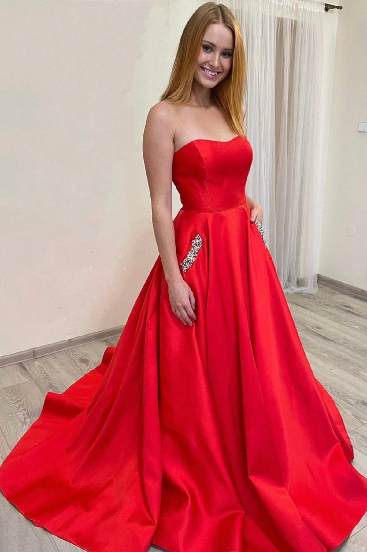 solvbao Red Strapless Satin Long Prom Dresses, Red Satin Evening Party Dresses