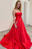 solvbao Red Strapless Satin Long Prom Dresses, Red Satin Evening Party Dresses