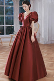 solvbao Burgundy Satin Long Prom Dresses, Lovely Puff Sleeve Evening Gown