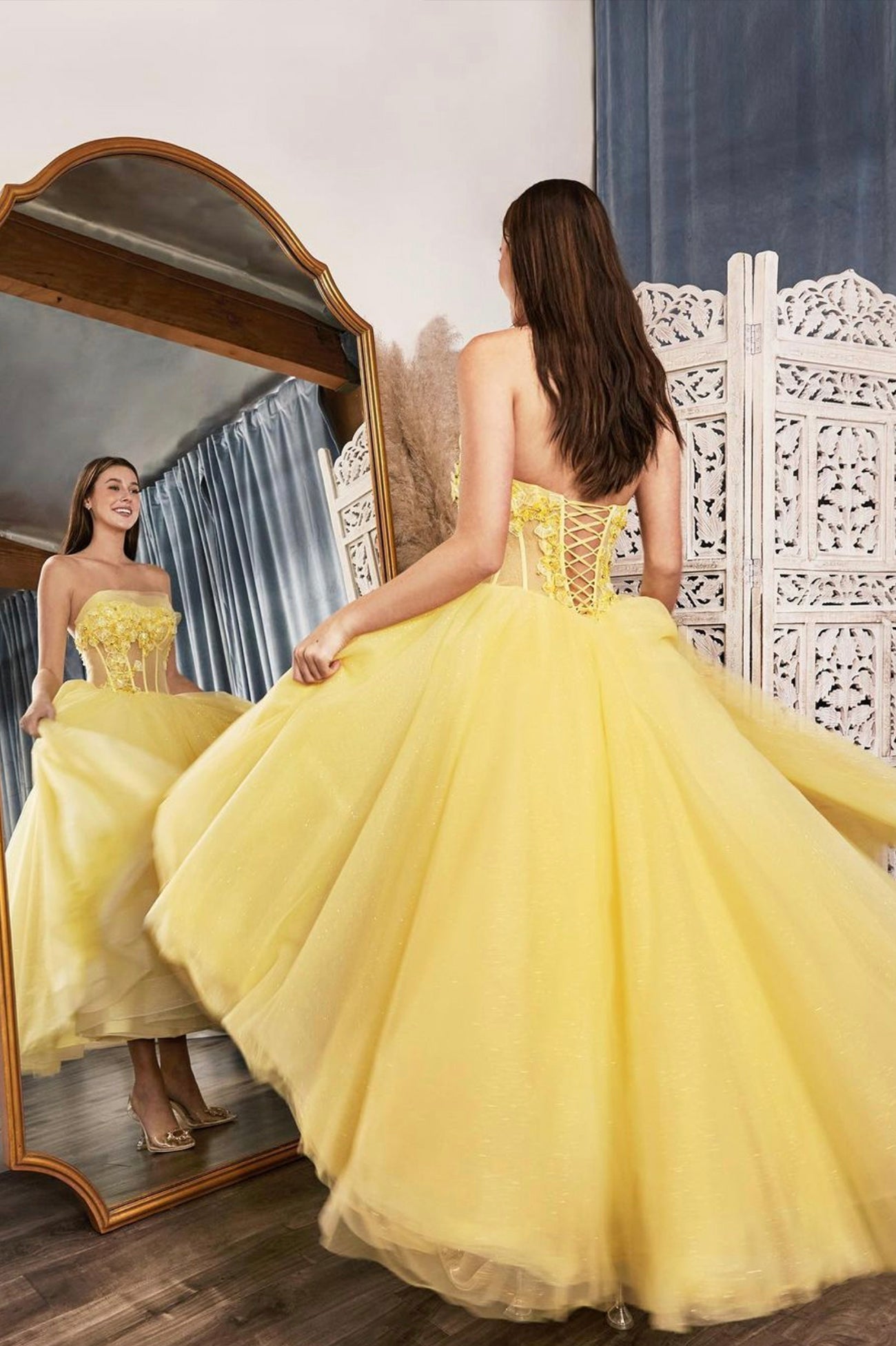 solvbao Yellow Strapless Lace Long Prom Dress, A-Line High Low Evening Dress