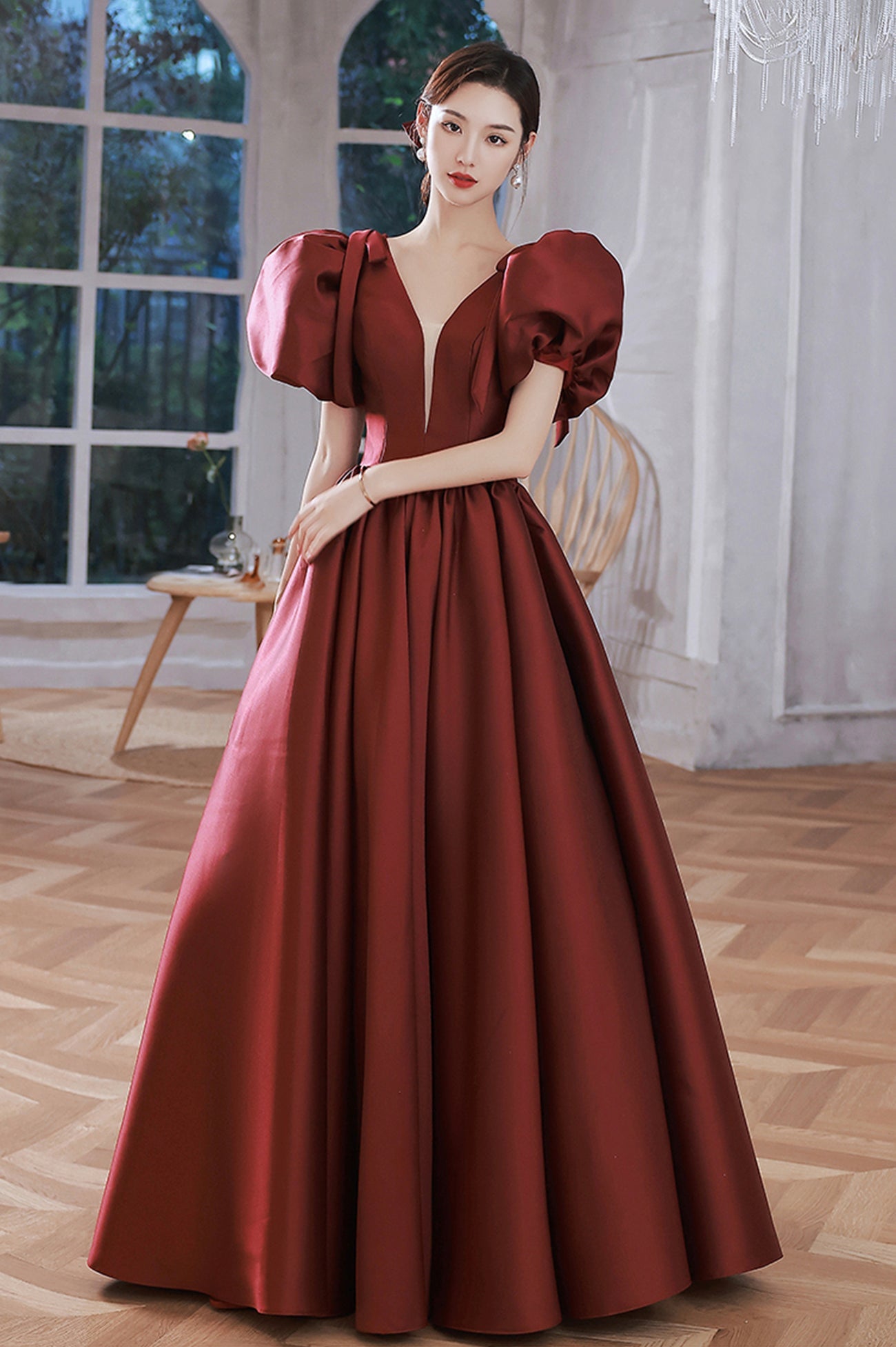 solvbao Burgundy Satin Long Prom Dresses, Lovely Puff Sleeve Evening Gown