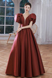 solvbao Burgundy Satin Long Prom Dresses, Lovely Puff Sleeve Evening Gown