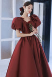 solvbao Burgundy Satin Long Prom Dresses, Lovely Puff Sleeve Evening Gown