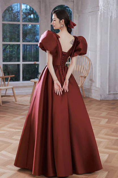 solvbao Burgundy Satin Long Prom Dresses, Lovely Puff Sleeve Evening Gown