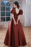 solvbao Burgundy Satin Long Prom Dresses, Lovely Puff Sleeve Evening Gown