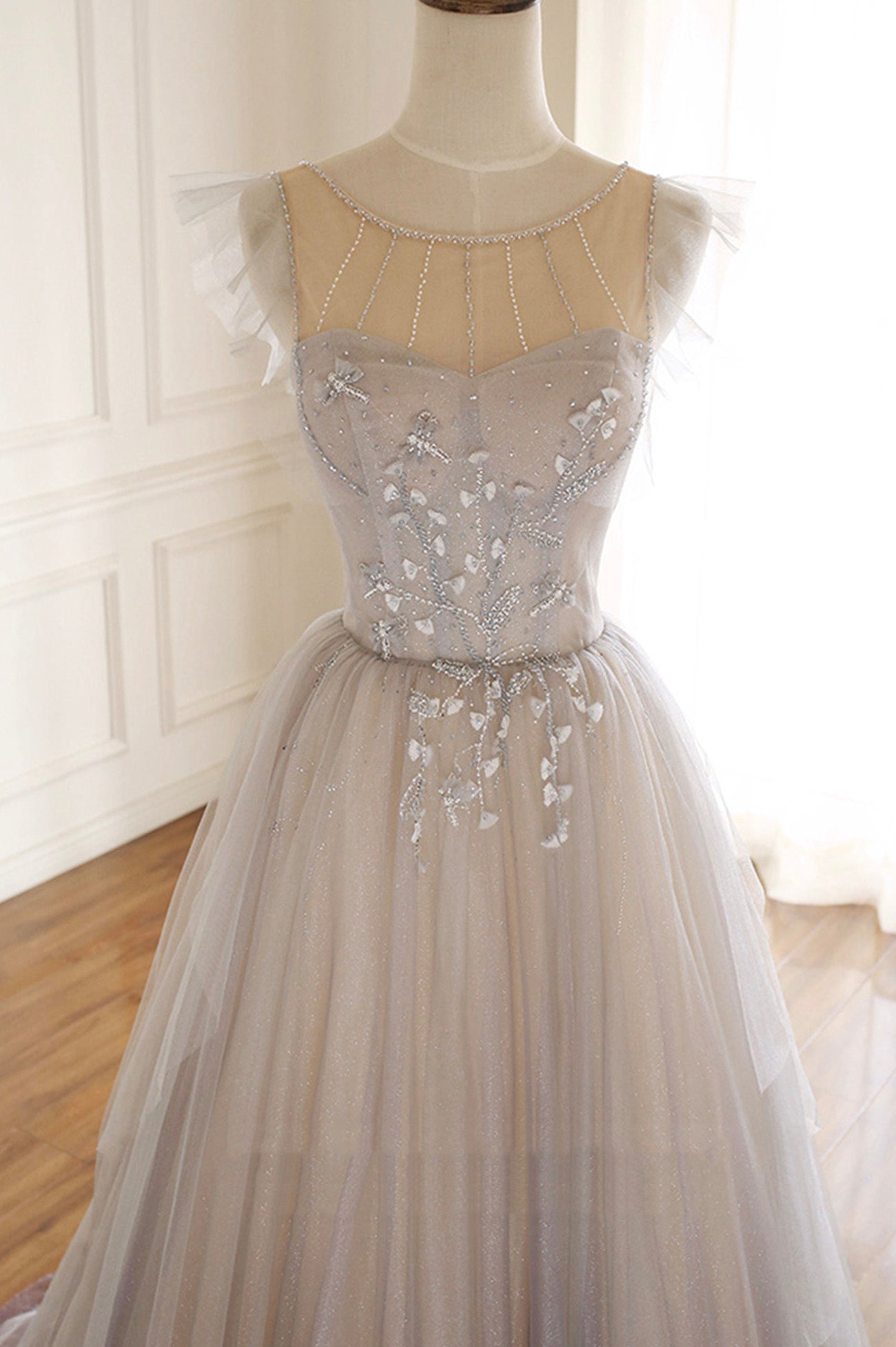 solvbao Cute Tulle Sequins Long Prom Dresses, A-Line Evening Dresses