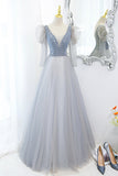 solvbao Cute V-Neck Tulle Beaded Long Prom Dress, Gray A-Line Evening Party Dress