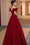 solvbao Burgundy Satin Long Prom Dress, A-Line Evening Party Dress