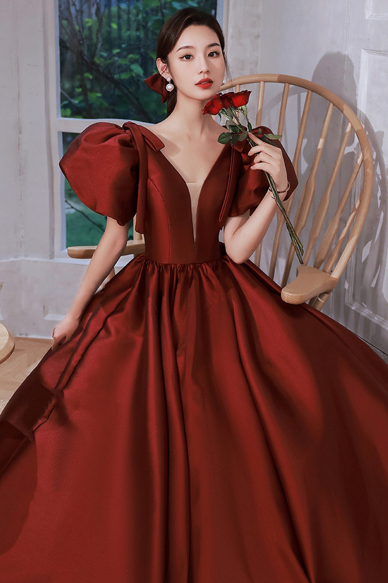 solvbao Burgundy Satin Long Prom Dresses, Lovely Puff Sleeve Evening Gown