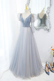 solvbao Cute V-Neck Tulle Beaded Long Prom Dress, Gray A-Line Evening Party Dress