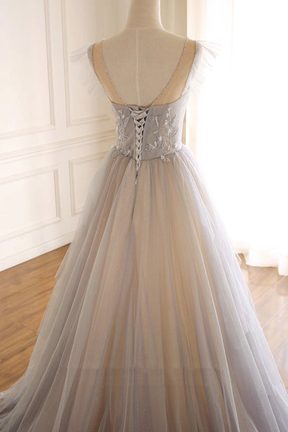 solvbao Cute Tulle Sequins Long Prom Dresses, A-Line Evening Dresses