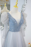 solvbao Cute V-Neck Tulle Beaded Long Prom Dress, Gray A-Line Evening Party Dress