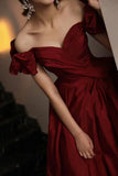 solvbao Burgundy Satin Long Prom Dress, A-Line Evening Party Dress