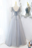 solvbao Cute V-Neck Tulle Beaded Long Prom Dress, Gray A-Line Evening Party Dress