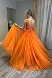 solvbao Orange V-Neck Lace Long Prom Dresses, A-Line Evening Party Dresses