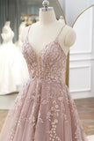 solvbao Pink Tulle Lace Long Prom Dresses, A-line Spaghetti Strap Evening Dresses