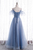 solvbao Blue Tulle Long A-Line Prom Dresses, Blue Spaghetti Strap Evening Dresses