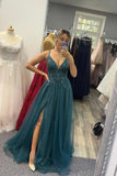 solvbao V-Neck Tulle Beading Long Prom Dresses, A-Line Evening Dresses