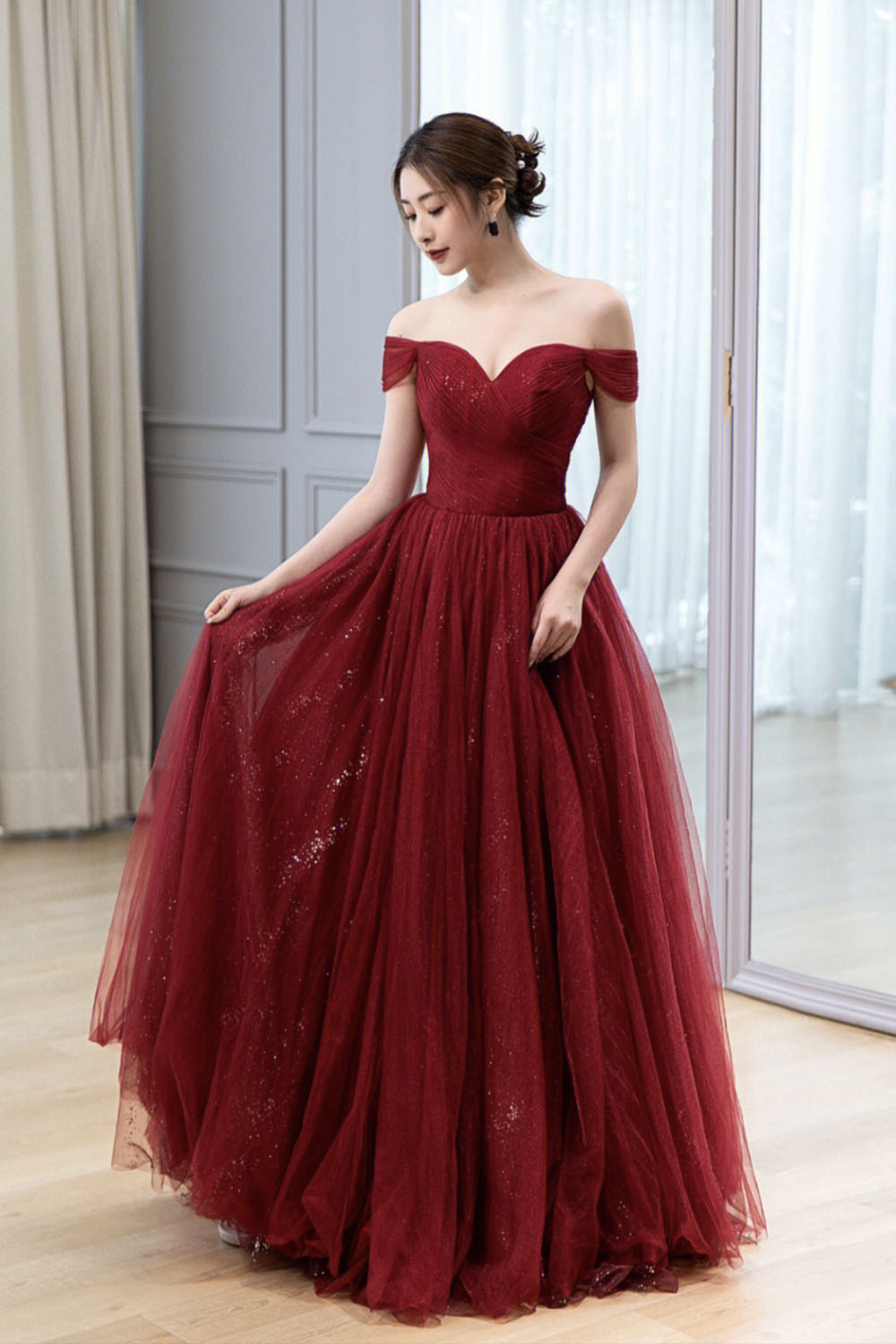 solvbao Burgundy Tulle Long Prom Dress, A-Line Off the Shoulder Evening Dress