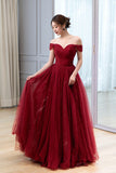 solvbao Burgundy Tulle Long Prom Dress, A-Line Off the Shoulder Evening Dress