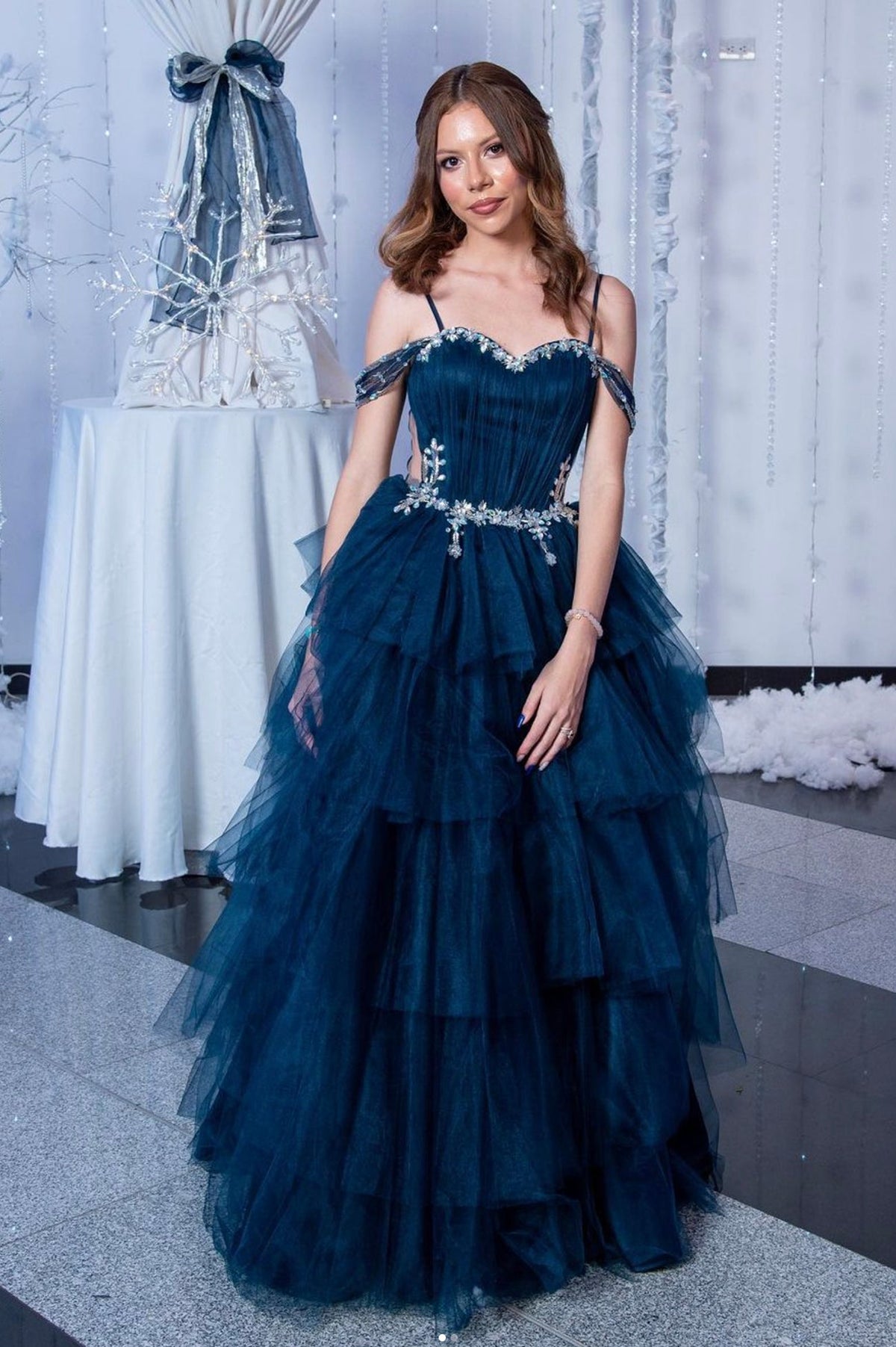 solvbao Blue Layers Tulle Long A-Line Prom Dress, Blue Evening Party Dress