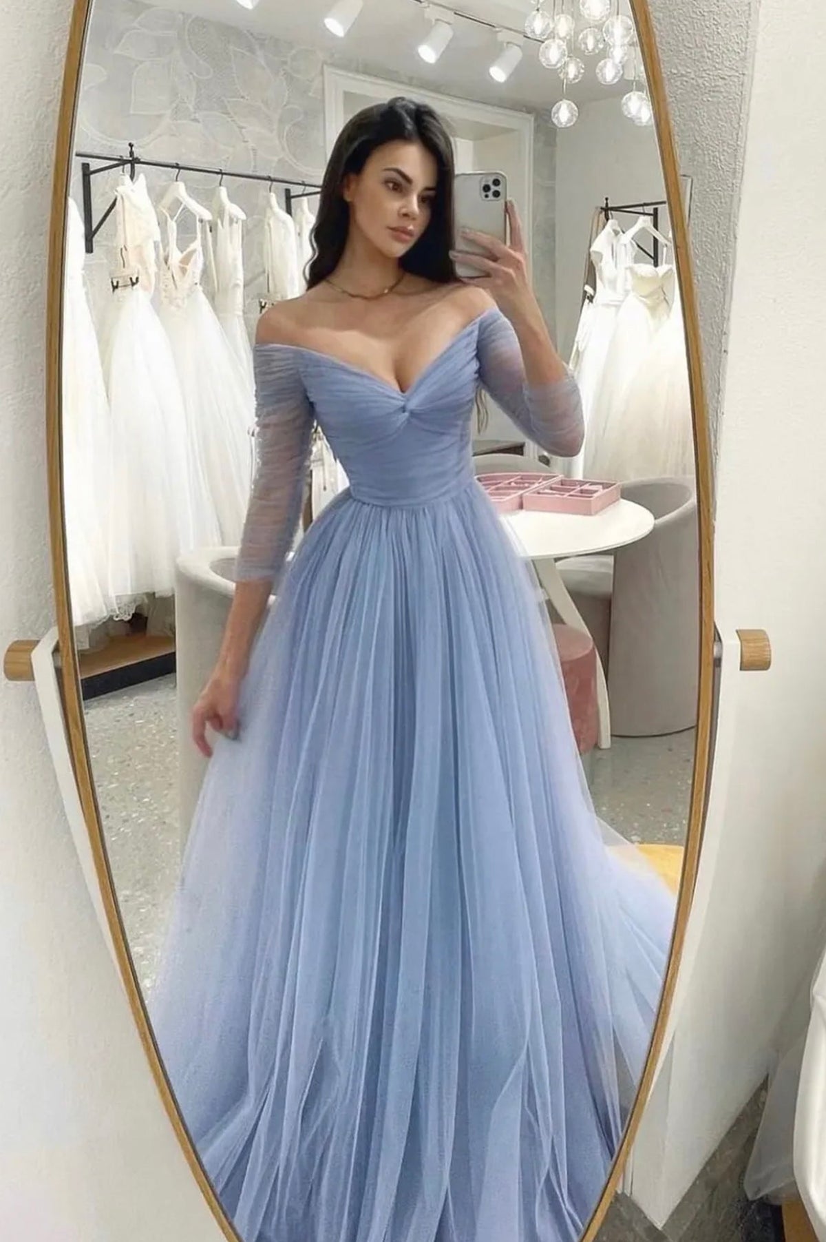 solvbao Blue Tulle Long Prom Dress, A-Line Blue Evening Party Dress