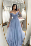 solvbao Blue Tulle Long Prom Dress, A-Line Blue Evening Party Dress