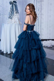 solvbao Blue Layers Tulle Long A-Line Prom Dress, Blue Evening Party Dress